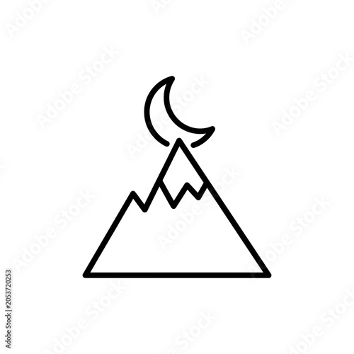 Minimalist line art icon of a mountain peak with a crescent moon.