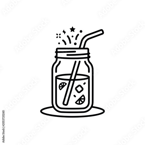 Minimalist line art icon of a refreshing drink in a mason jar with straw.