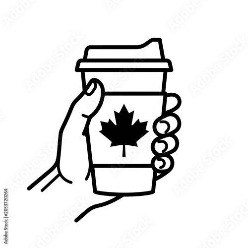 Minimalist line art icon of hand holding coffee cup with maple leaf.