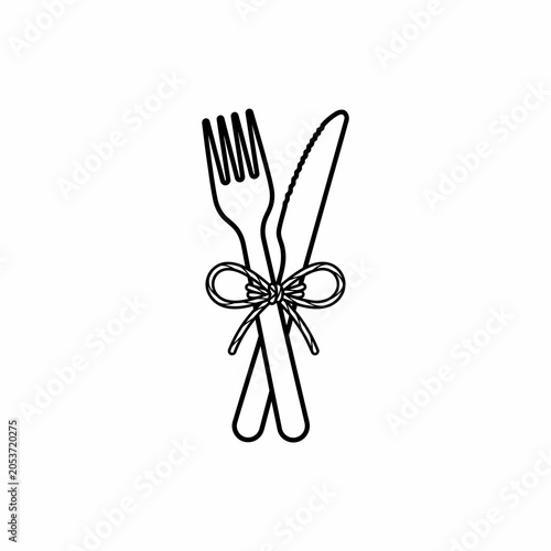 Minimalist line art illustration of a fork and knife tied with ribbon.