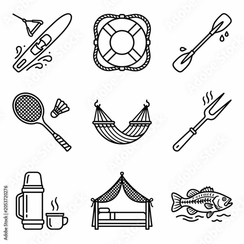 Minimalist line art icons for camping fishing and outdoor leisure activities.