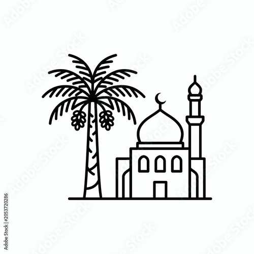Minimalist line art illustration of a mosque with palm tree
