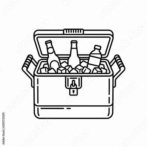 Minimalist line art illustration of a portable cooler box filled with ice and beverages.