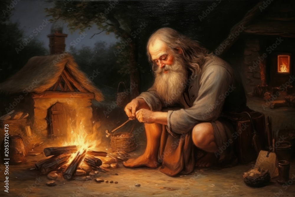 Fototapeta premium Germanic villager making bonfire fireplace adult art.