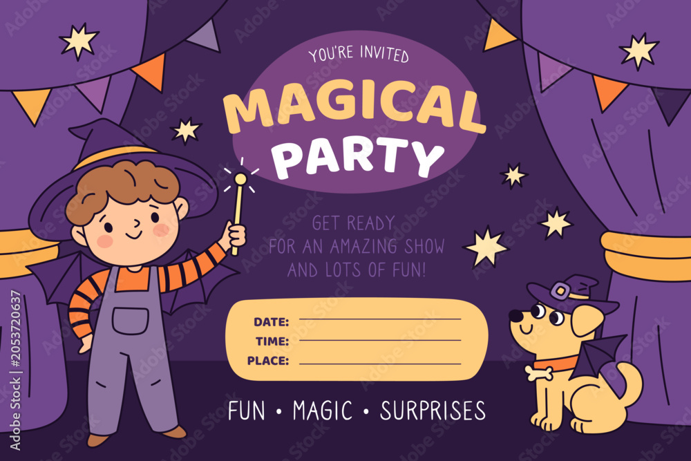 Obraz premium Wizard kids party. Little illusionist with pet and magic wand, kids holiday invitation design, funny boy, halloween dog, entertainment character garish vector cartoon isolated concept