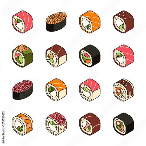 Vector set sushi rolls, traditional asian food, japanese cuisine. Sushi with rice, tempura shrimp, cream cheese, cucumber, caviar tobiko, soy sauce, sesame seeds. Ikura Gunkan Maki Sushi Illustration