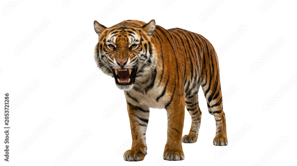 Fototapeta premium Fierce tiger standing and growling with open mouth showing sharp teeth