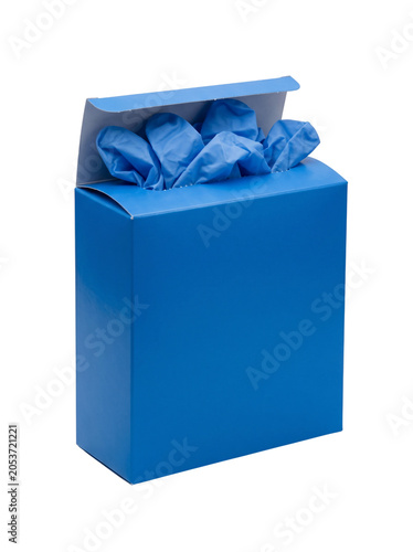 Blue Cardboard Box with Blue Tissue Paper Inside Featuring Packaging, Storage, Wrapping with Container and Solid Color Elements for Simple Design