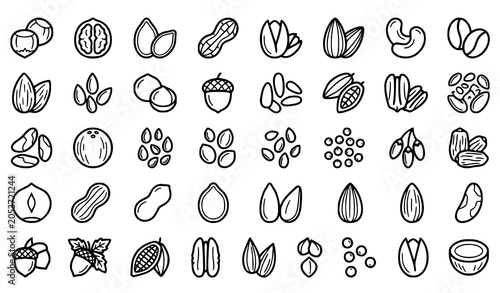 Tableau sur toile Nuts and seeds icon set with almond walnut pistachio sunflower seed coffee bean