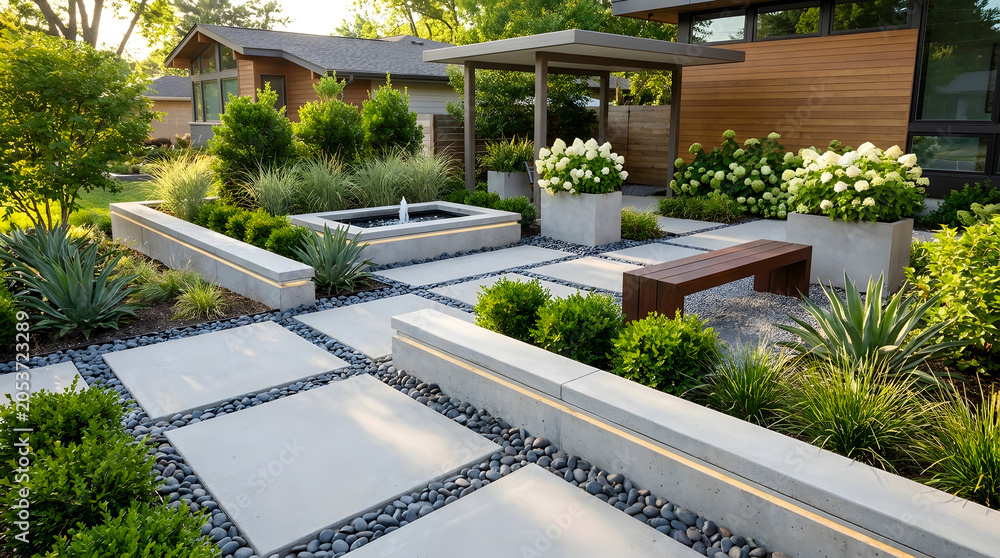 Obraz premium Modern Landscape Design with Concrete Pavers and Minimalist Garden Features