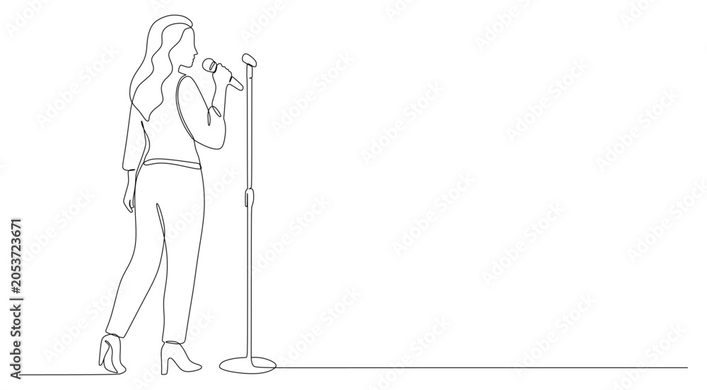 Obraz premium This is a minimalist drawing with one continuous line depicting a long-haired woman singing into a microphone.