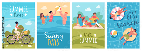 Happy summer lifestyle. Beach vacation, outdoor leisure activities, people swimming in sea and pool, sunny mood, classy vector cards, seasonal travel posters design, cartoon isolated set