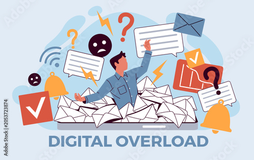 Digital overload and notification stress. Overwhelmed man drowning in emails, alerts and online information chaos, email communication, alert and task, nowaday vector cartoon flat concept