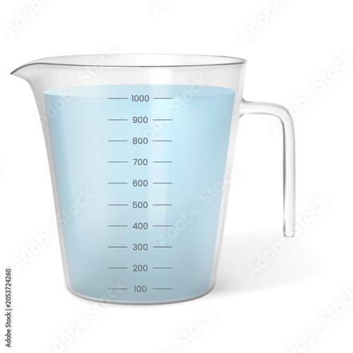 Photography A realistic measuring cup with a blue liquid up to the 1000 ml mark