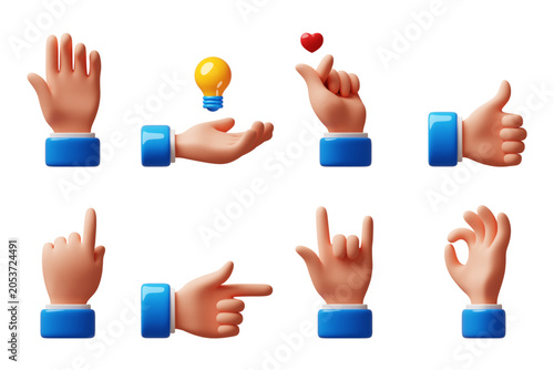 Cartoon 3d hands gestures. Various communication finger positions, body language, soft style human arms, expressive signs, like, ok, love and idea symbols design classy vector render set