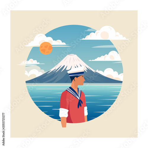 Sailor admiring Mount Fuji illustration