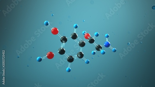 Norepinephrine molecule in the liquid. 3D illustration.