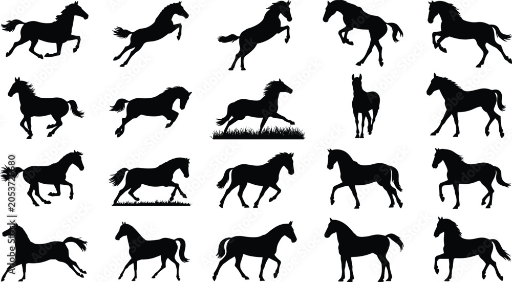 Fototapeta premium Horse Silhouette Icons Depicting Galloping, Trotting, Rearing, Standing, and Walking Poses for Design Projects