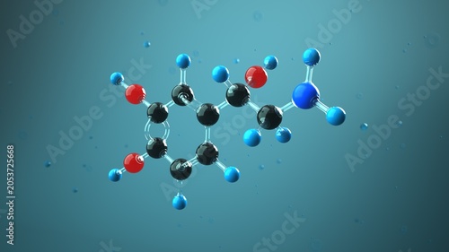 Norepinephrine molecule in the liquid. 3D illustration.