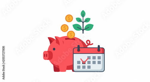 A stylized red piggy bank is shown with coins being deposited, accompanied by a growing plant and a calendar