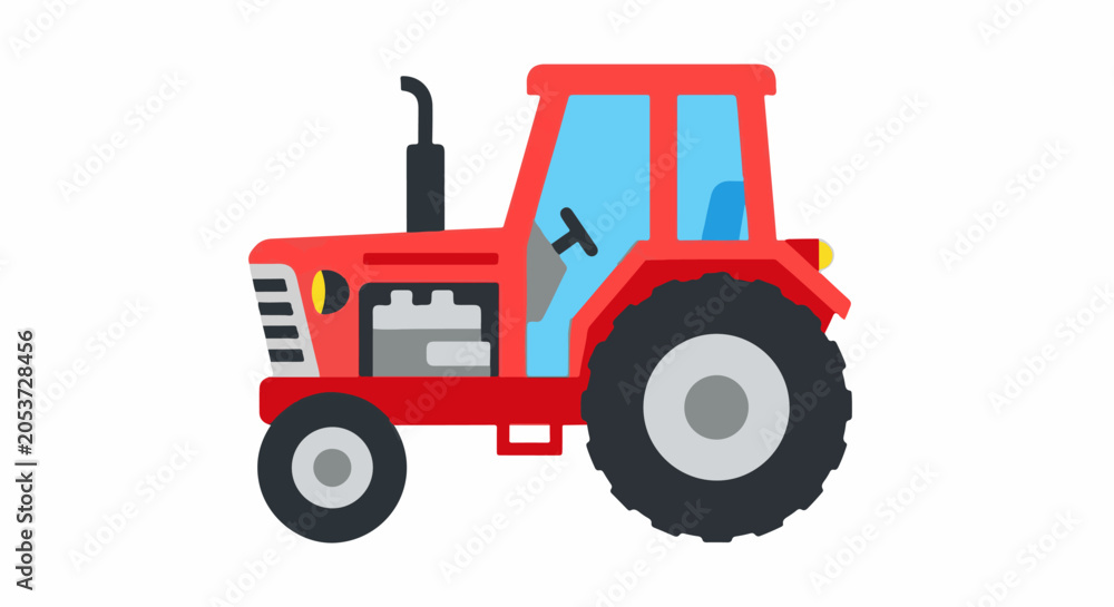 Naklejka premium A simple red tractor illustration with large black wheels and a blue-tinted cab