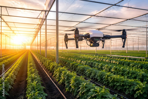 Smart agricultural drone monitoring green greenhouse crops
