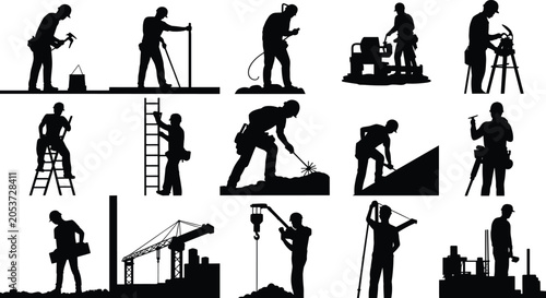 Twelve black construction worker silhouettes showing hammering, welding, measuring, digging, and operating tools with safety helmets
