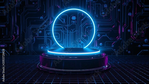 Futuristic Neon Podium with Glowing Circle and Circuit Board Background.