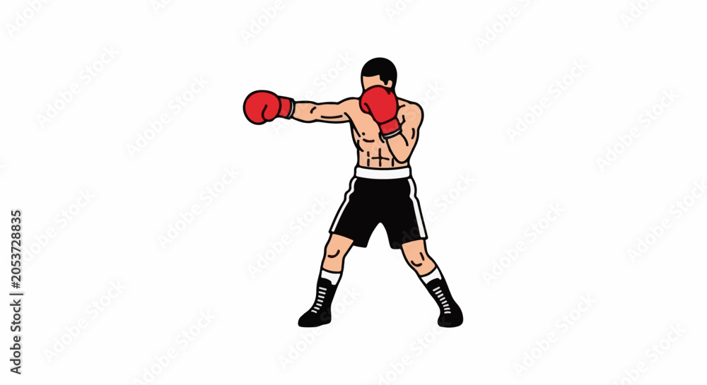 Obraz premium A cartoon boxer in red gloves and black shorts throws a punch