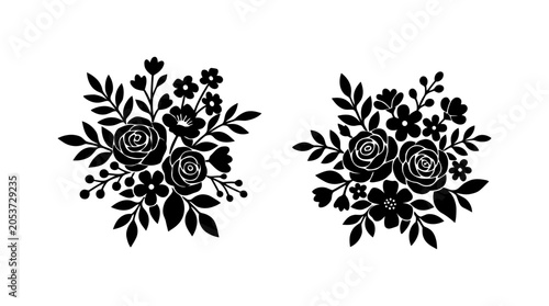 Cuadro en lienzo Beautiful black floral bouquet illustration with leaves and small flowers