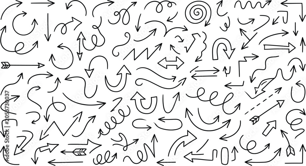 Fototapeta premium A collection of hand drawn arrow doodles in various styles on a white background