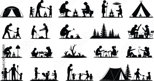 Family camping silhouettes with tents, campfires, hiking, and outdoor activities showing adults and children enjoying nature together