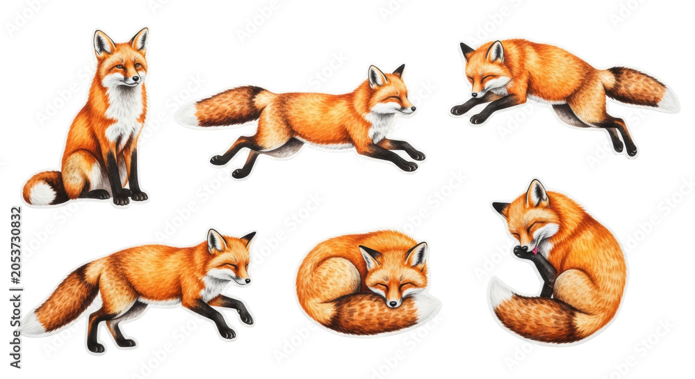 Fototapeta premium Ultra realistic product photograph of six detailed watercolor red fox illustrations (vulpes vulpes) on a crisp white background, showing pigment granularity. Concept for graphic design resources