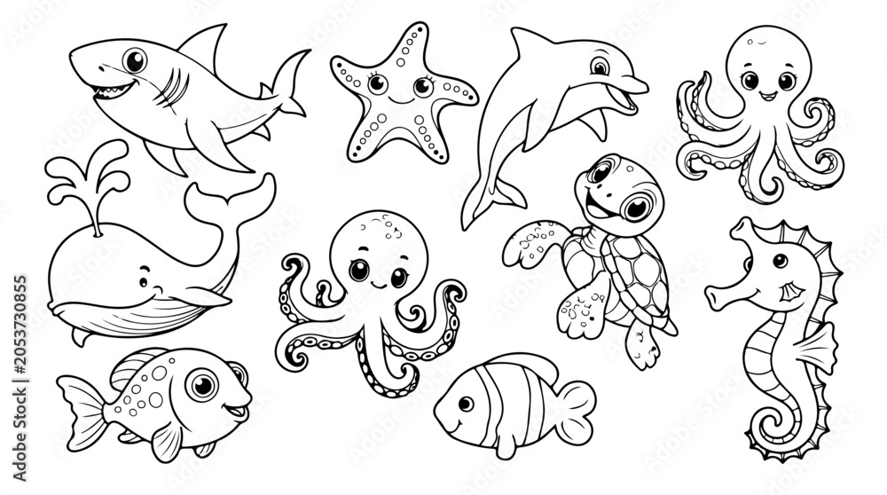 Fototapeta premium Cute Sea Animals Coloring Page for Kids Line Art Vector Set