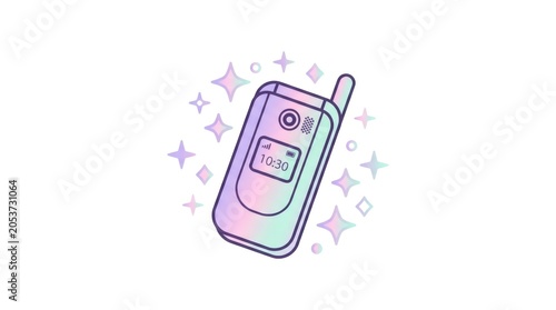 Retro flip phone with holographic effect and sparkling stars. Vintage mobile communication device in Y2K aesthetic style. Nostalgic digital technology for creative design projects.