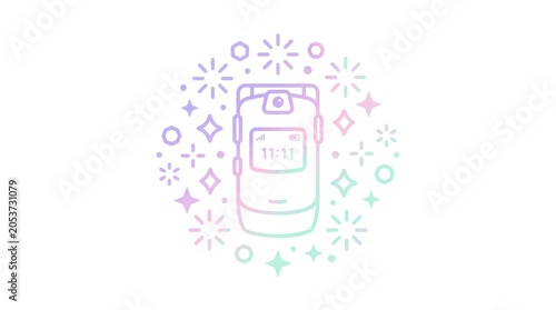 Retro flip phone with holographic gradient outline surrounded by stars and sparkles. Vintage mobile device icon showing time. Nostalgic communication technology and digital lifestyle graphic.