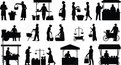 Photos Traditional market silhouettes with people shopping, selling, carrying baskets,