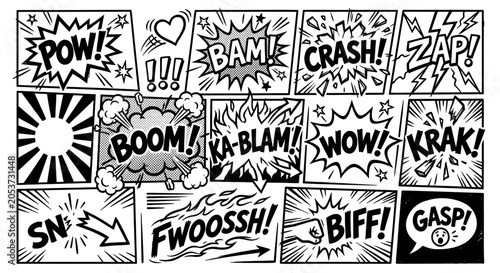 Fotografija Vintage comic book sound effects collection, black and white pop art speech bubb