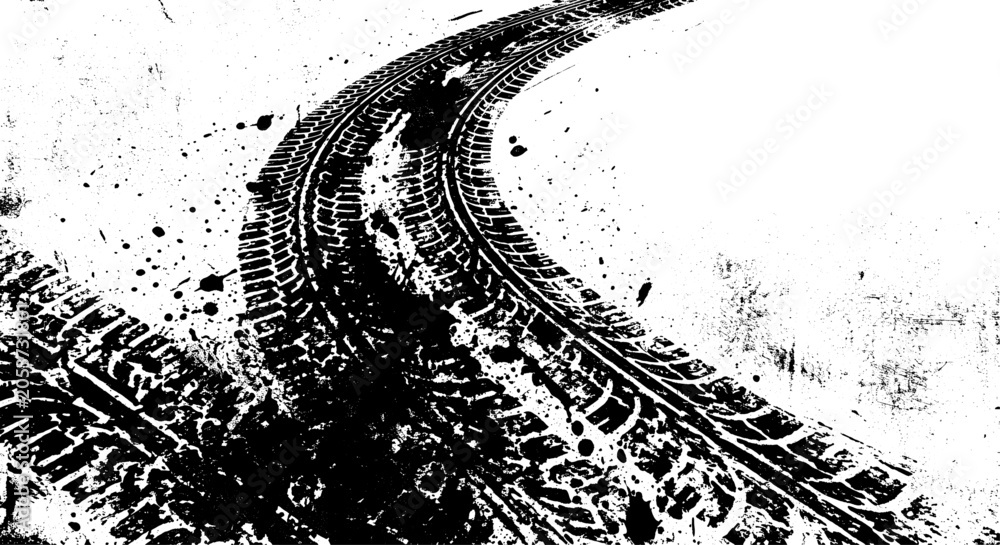 Obraz premium Grunge tire track texture on white background, black ink skid marks with splatter, industrial automotive wheel tread pattern for racing design