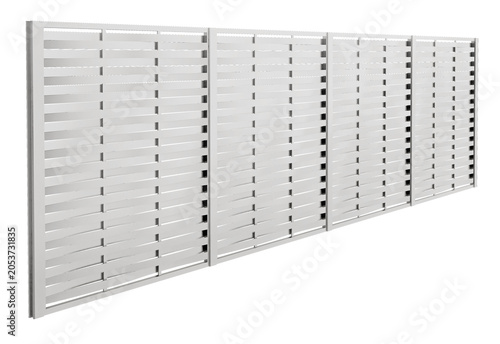 3d realistic render of a contemporary metal and wood horizontal fence in perspective side angle view for residential backyard privacy concept