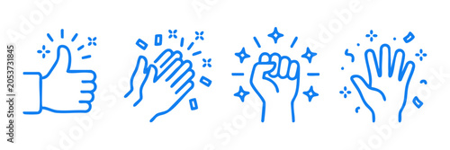 Valokuva Minimalist blue line hand gesture icons, set of 4 celebration hand symbols, thum