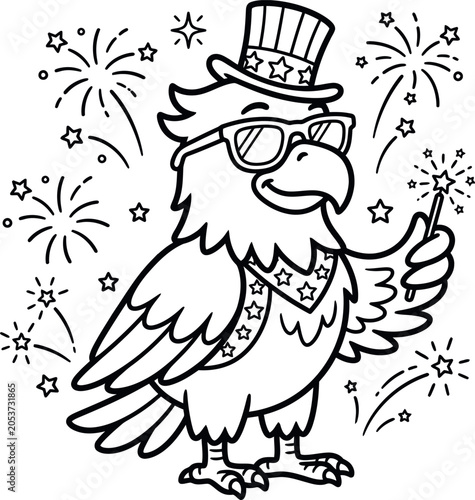 Cute Patriotic Eagle with Uncle Sam Hat and Sunglasses Coloring Page