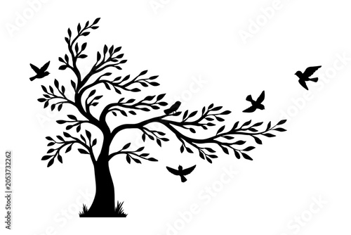 Black birds silhouette with tree branch. Sketch tree vector forest illustration. Flying birds icon pattern. Tree with leaves on white background