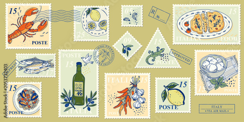 Italian food postage stamp collection with seafood olive oil lemon and mediterranean ingredients