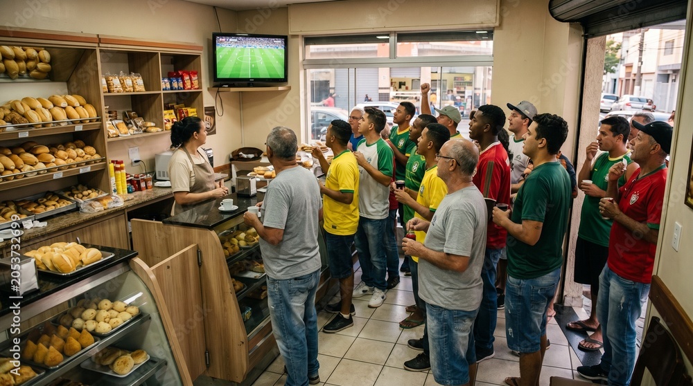 Obraz premium Men wearing soccer jerseys watch a match on TV inside a bakery, cheering and holding drinks