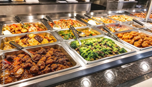 Chinese Buffet, delicious asian take-out dishes for lunch at a mall food court.