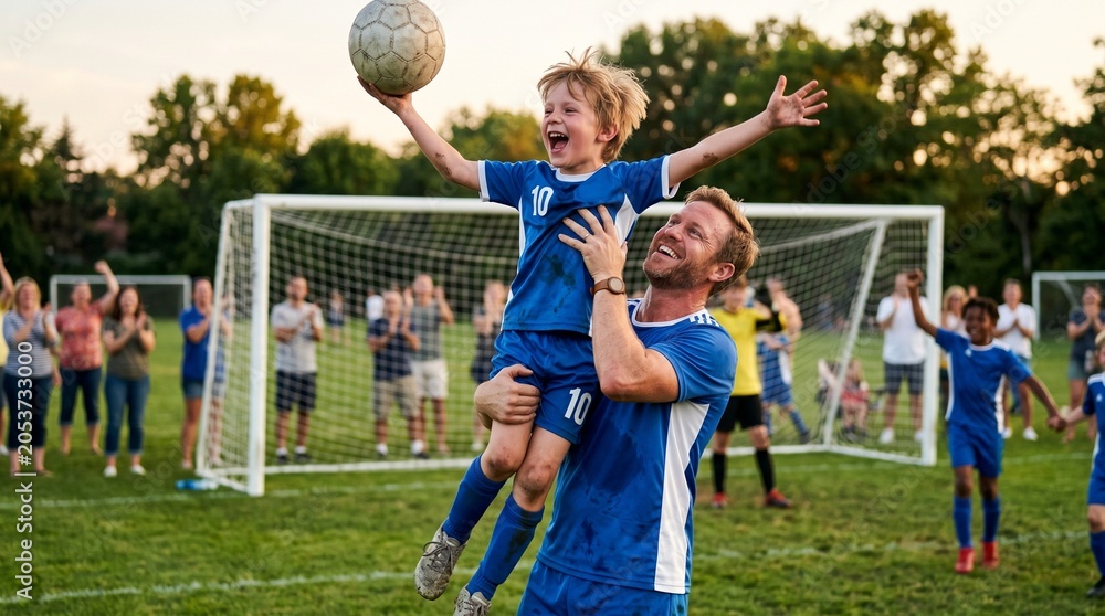 Naklejka premium Father celebrates with son holding soccer ball aloft after winning game on grassy field with cheering crowd and goal in background