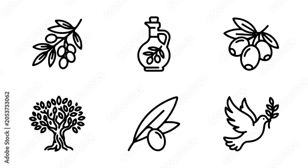Fototapeta premium Olive Branch Icons, Olive Tree, Oil Bottle, Dove of Peace, Vector Graphics