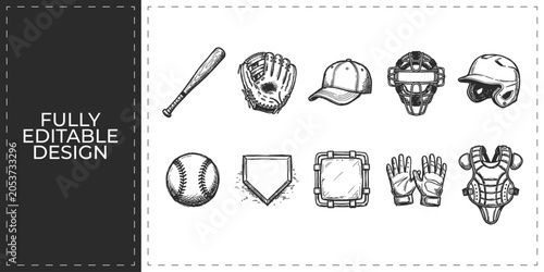 Schilderij op canvas Baseball training and defensive gear hand drawn doodle icons set featuring helme