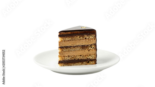 A single slice of delicious layered chocolate cake served on a small white plate